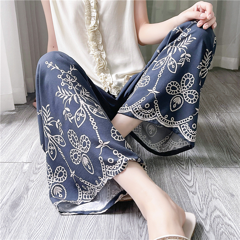 Pantalones de pijama de seda de algodón para mujer Pantalones de pierna ancha casuales impresos de dibujos animados delgados de verano las mujeres embarazadas pueden usar pantalones de comercio exterior pantalones de una sola capa