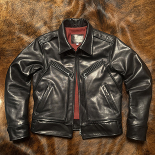 Imported Full-Grain Waxed Calfskin Mechanic's Leather Jacket, Genuine Leather Men's Short Slim-Fit Lapel Vintage Trendy Retro