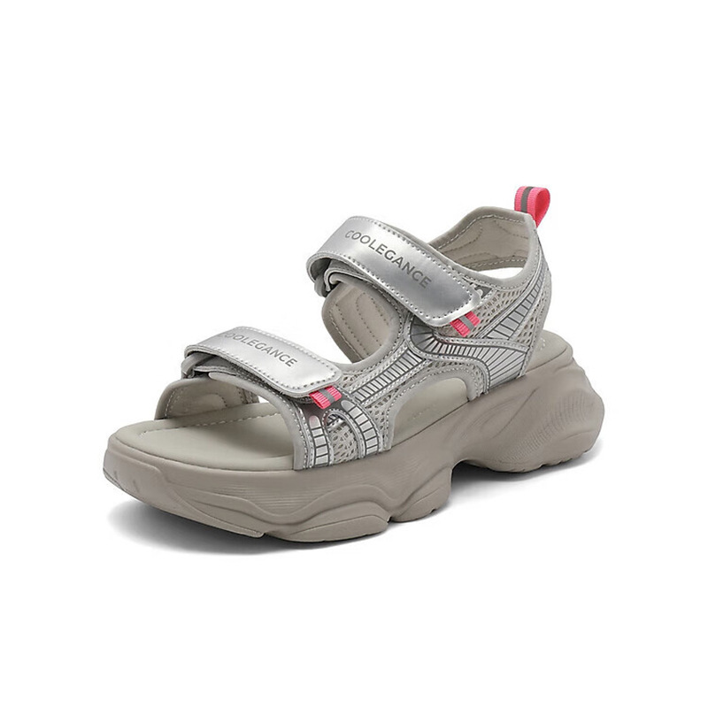 百丽银色老爹运动凉拖鞋女厚底魔术贴凉鞋B6M1DBL4