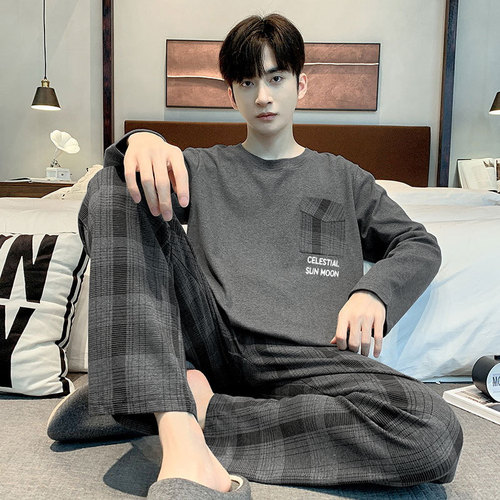 Korean men's pajama set plus size autumn winter round neck long sleeve long pants simple casual checkered home clothes