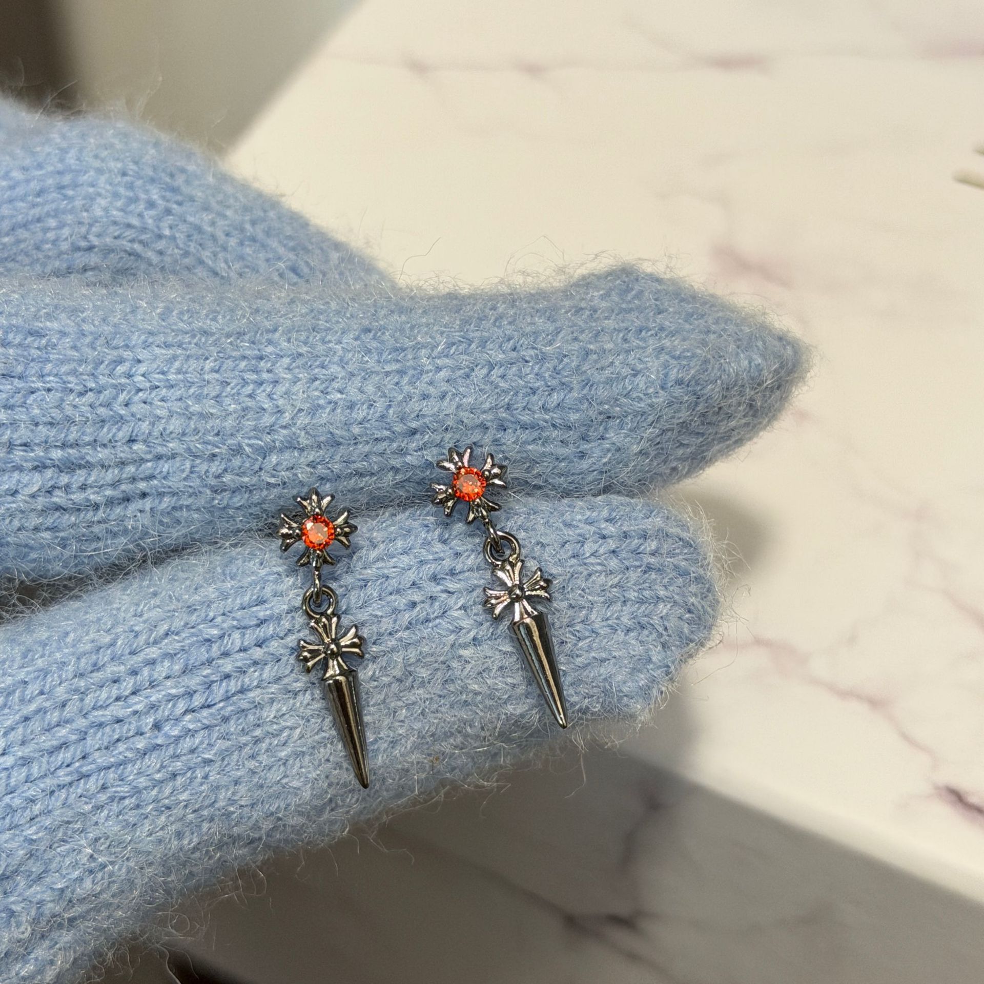 Sweet and Cool Style Blue Zircon Cross Ear Bone Nail Niche Unique Titanium Steel Pointed Cone Pendant Earrings Versatile Earrings for Women