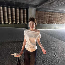 一字肩荡领白色短袖T恤女夏高级设计感独特绝美修身露肩斜肩上衣