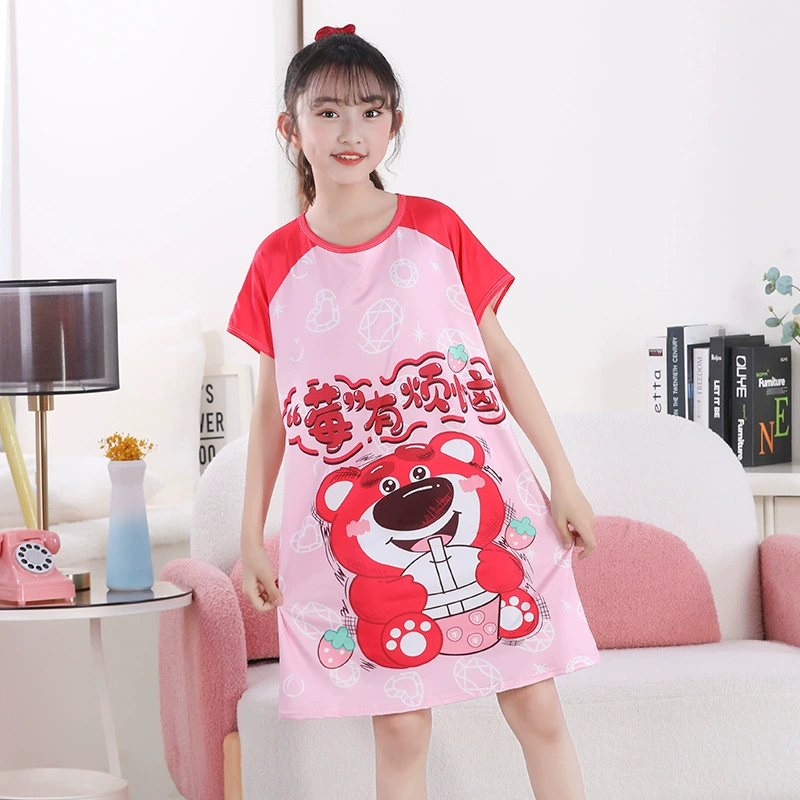 Детская ночная юбка Летняя корейская детская пижама 2024 девушка новый мультфильм с короткими рукавами тонкая девушка юбка домашней одежды
