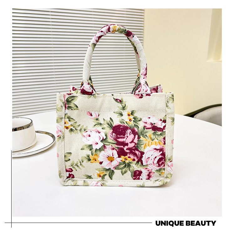 105g Weight Sewing Thread Fashion Element Magnetic Buckle Closure Type Double Handle Strap Type Handbag Bags Type Holiday, Daily Occasion Canvas Material Women's Backpack Backpack Flower Pattern All Seasons Season Women's Gender Elegant Style Square Shape Women's Canvas Flower Elegant Sewing Thread Square Magnetic Buckle Handbag 13