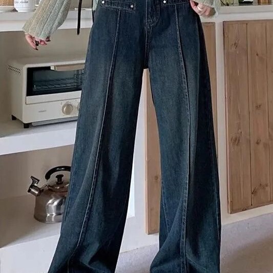 新款拖地裤高腰设计感2025春秋美式直筒宽松阔腿复古牛仔裤女显瘦|undefined