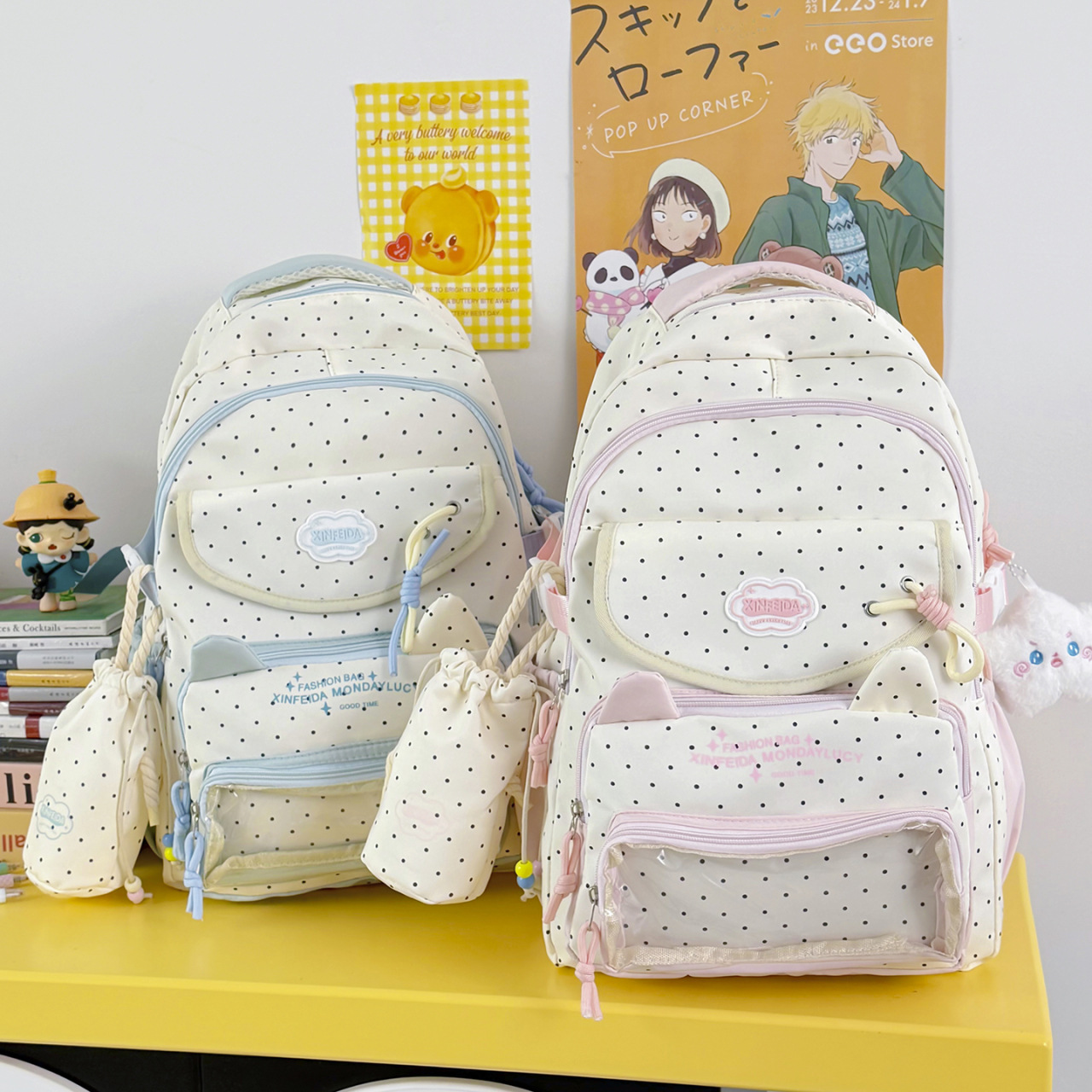 College-style cute girl polka dot backpack, high-appearance student daily large-capacity lightweight school bag, ita bag backpack