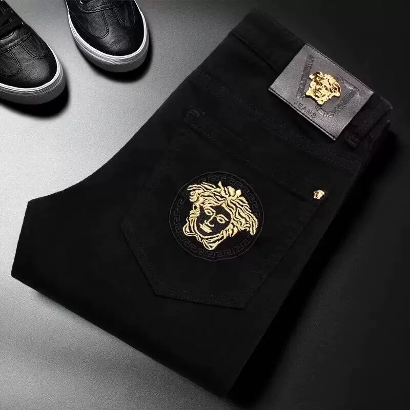 夏季薄款欧货弹力黑色男士牛仔裤潮牌刺绣高端男装长裤子修身小脚