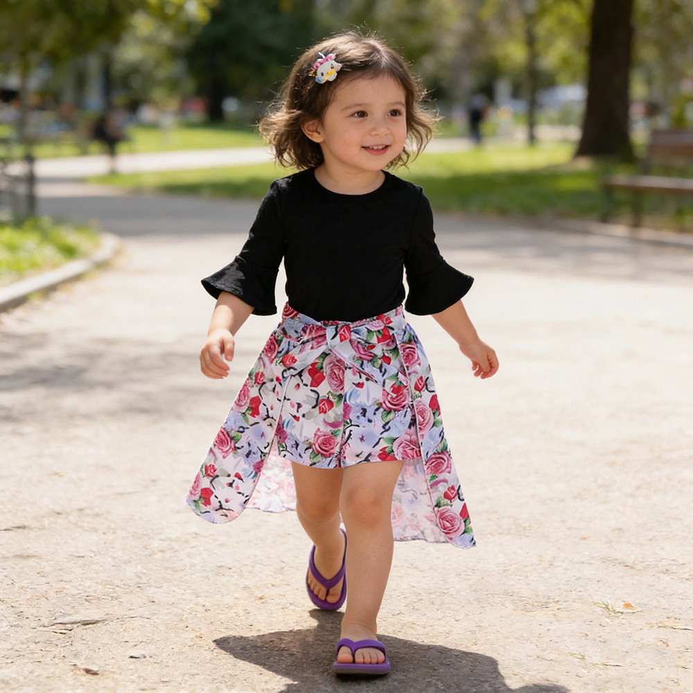 ins new children's clothing girls three-piece set Tide fan solid black T + floral shorts + swallowtail skirt Amazon ebay