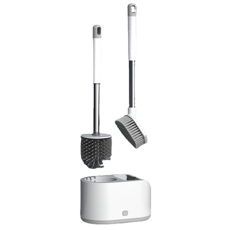 Traje de cepillo de inodoro de silicona de mango largo dos en uno traje de cepillo de limpieza de inodoro sin Punch montado en la pared al por mayor