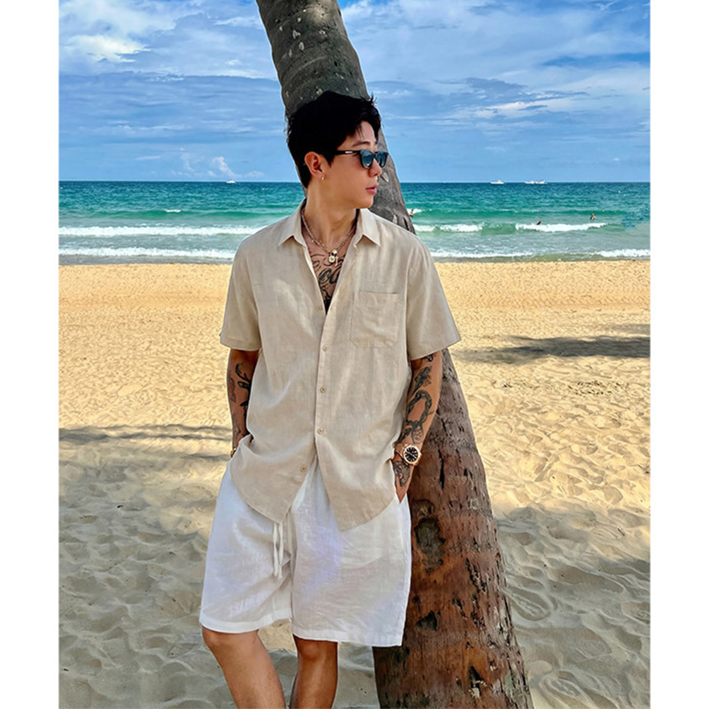 Men's Clothing Men's Old Fashion Style Brown Linen Shirt Summer Vacation Wear Ice Silk Sun Protection Casual Short Sleeve Shirt For Married Men_viptrois.com