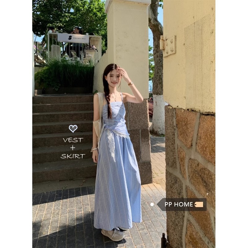 [Original Practice] Blue Plaid Strapless Sling dress Women's Summer French-style Slimming Skirt