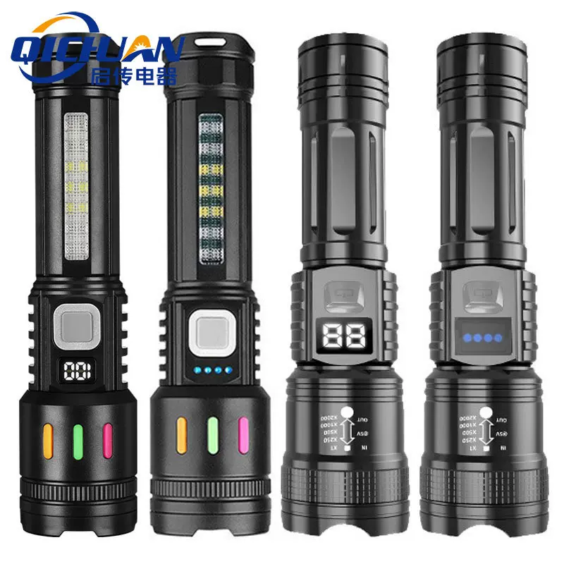 跨境多功能强光手电筒数字电显变焦应急电筒户外充电远射便携手电