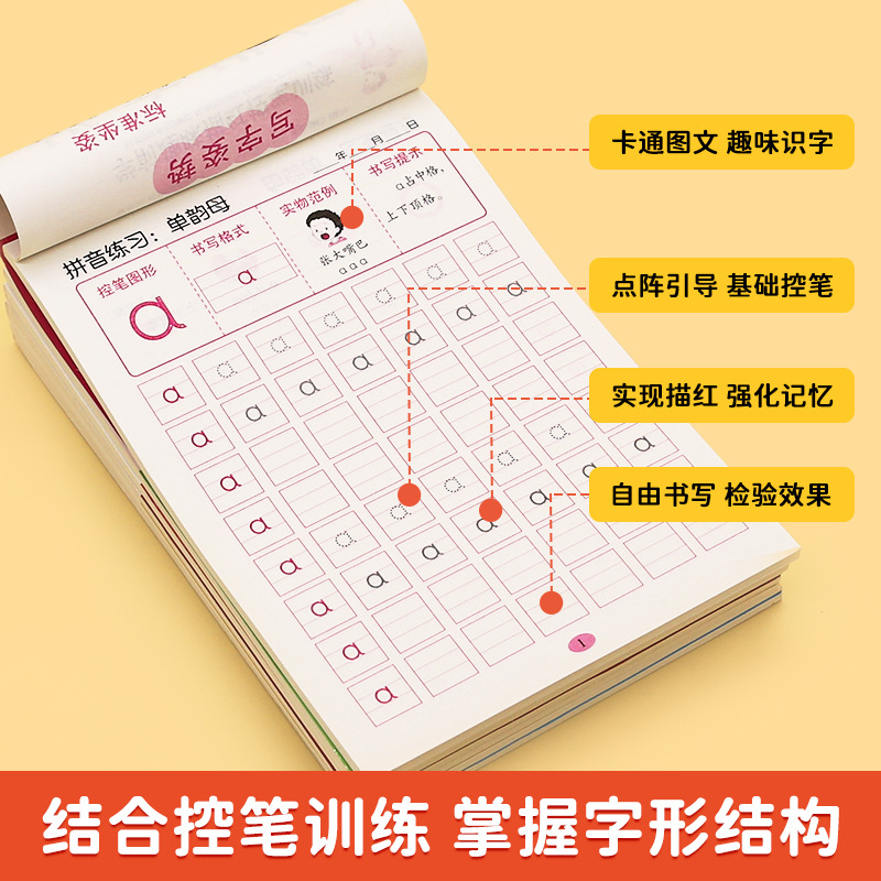 Pinyin number tracing red Benping Shi Po Shi method kindergarten Chinese character strokes radicals fun control pen practice copybook