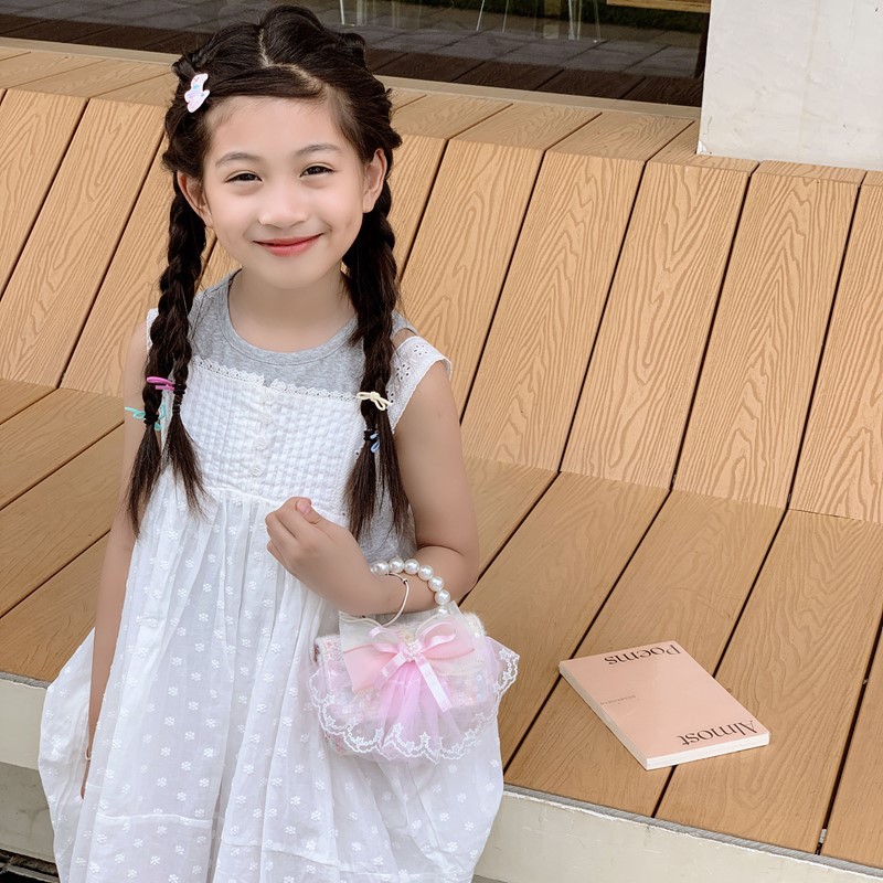 Hermosa bolsa de hombro para niñas, flores dulces, encaje de perlas, bolsos de mano para bebés, nuevos bolsos de cadena para niños