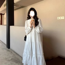 温柔风白色连衣裙女2024春秋新款法式小众设计感娃娃领仙女长裙子