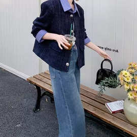 藏青色感格纹拼接小香风外套女2026早春新款时髦洋气设计上衣