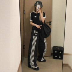 三叶运动男女情侣同款夏季跑步休闲阔腿长裤刺绣logo情侣款五条杠