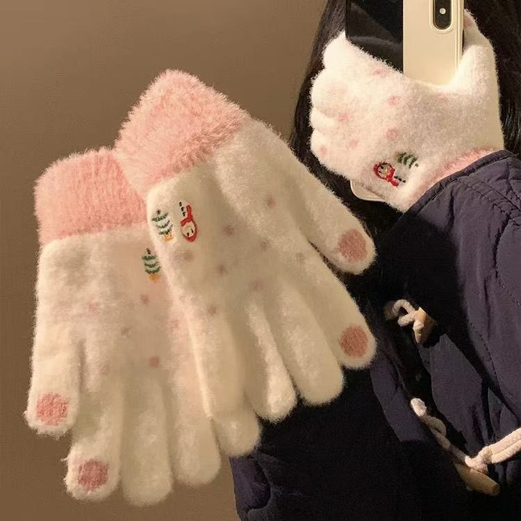 冬季保暖手套毛绒卡通可爱圣诞节雪人五指分指手套可触屏学生女生|undefined
