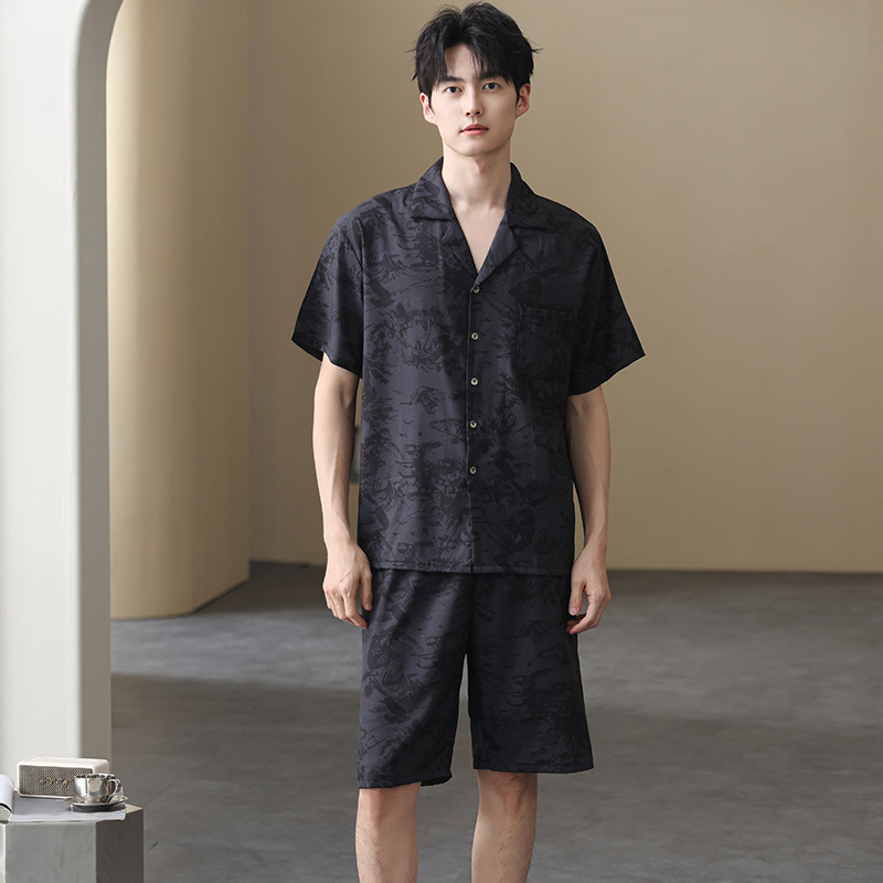 Pajamas Men's 2025 New Summer Thin Ice Silk Short Sleeve Shorts Teenagers Men's Lapel Homewear Cover