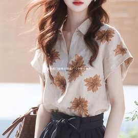 亚麻印花polo领短袖衬衫女2026设计感小众夏季别致宽松薄款上衣