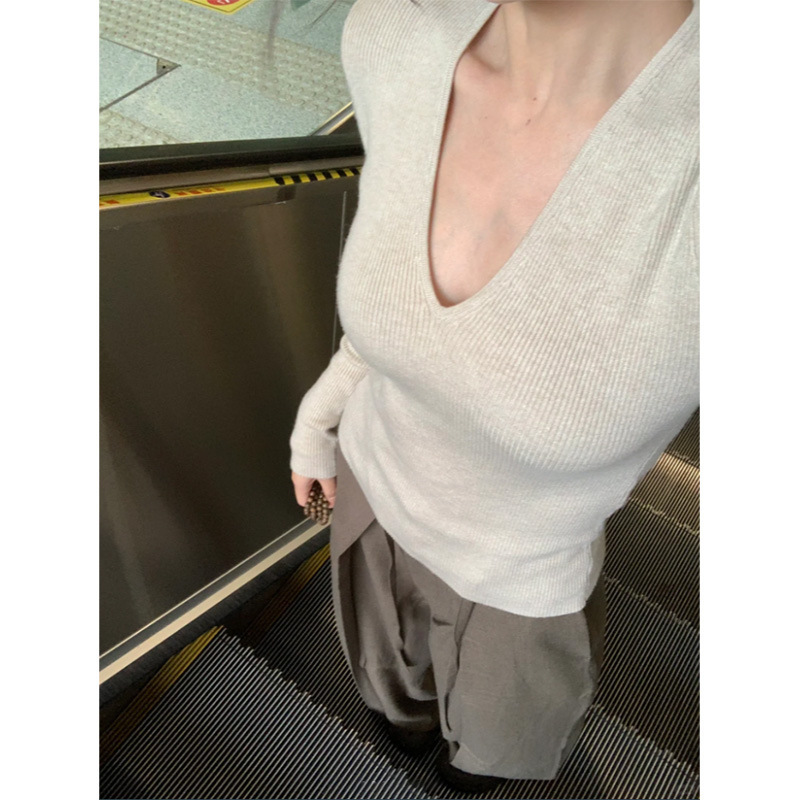ホットガール V ネックセーター女性の春、秋、冬のインナーレイヤリングシャツスリムフィットウエストタイトショルダー長袖トップ|undefined