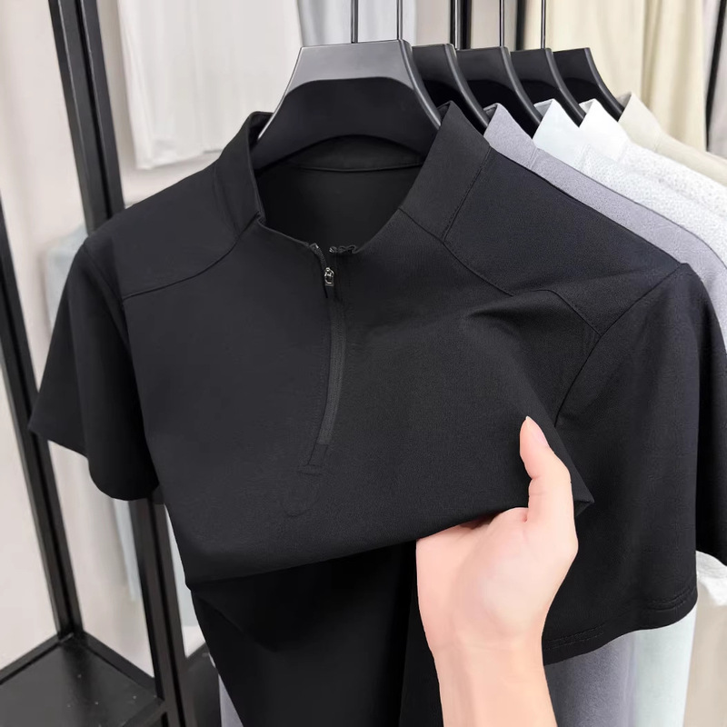 Summer Thin Zipper Polo Stand Collar White Short-Sleeved T-Shirt Men's Sports Quick-Drying Casual Top Breathable Half-Sleeved Summer Thin Zipper Polo Stand Collar White Short-Sleeved T-Shirt Men's Sports Quick-Drying Casual Top Breathable Half-Sleeved