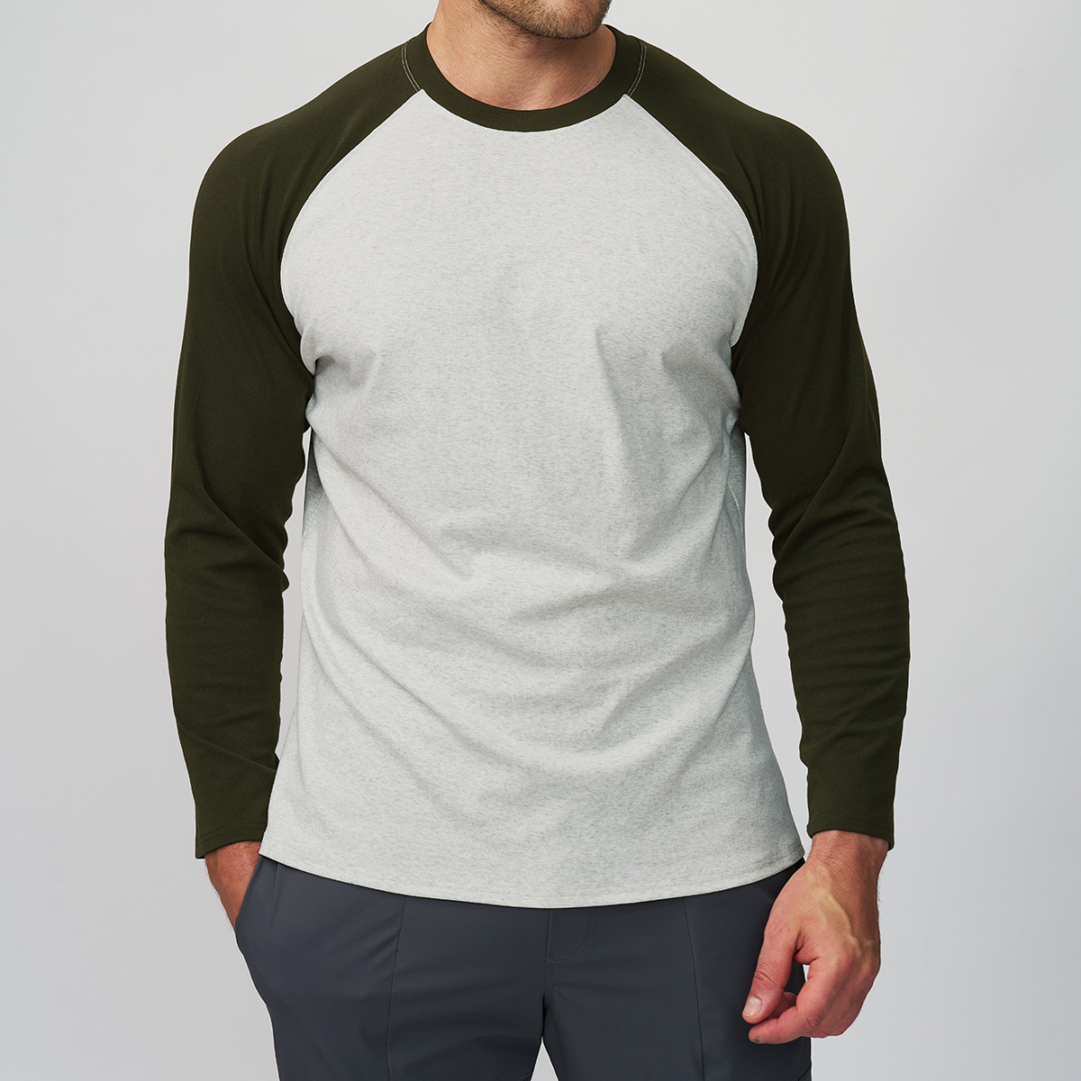 Men's Sports and Leisure Fitness Skin-Friendly Breathable Color-Blocked Nine-Quarter Sleeve Long Round Neck T-Shirt Work Clothing Home Top 1194
