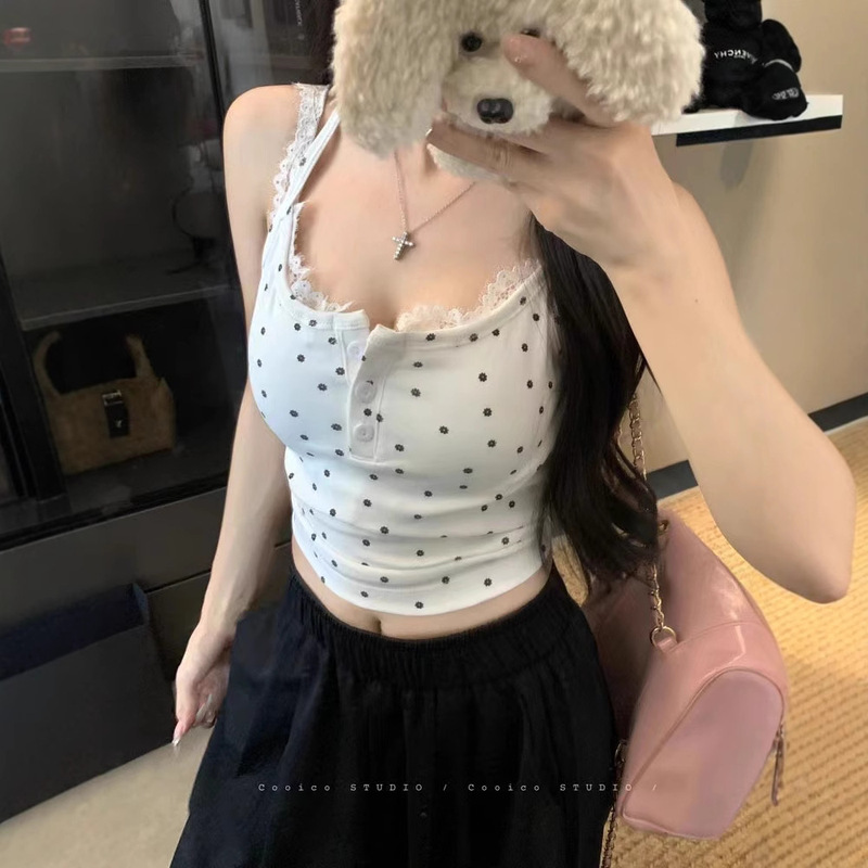 New Sweet Spice Girl Lace Dot Small Sling Women's Summer Sexy Slim Fit Vest Top with Chest Pad