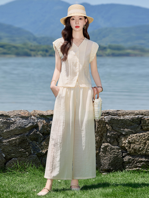 ファッションカジュアルスーツ 2025 夏の新女性のフィット V ネックシャツストレートパンツツーピースパンツセット LB2869|undefined
