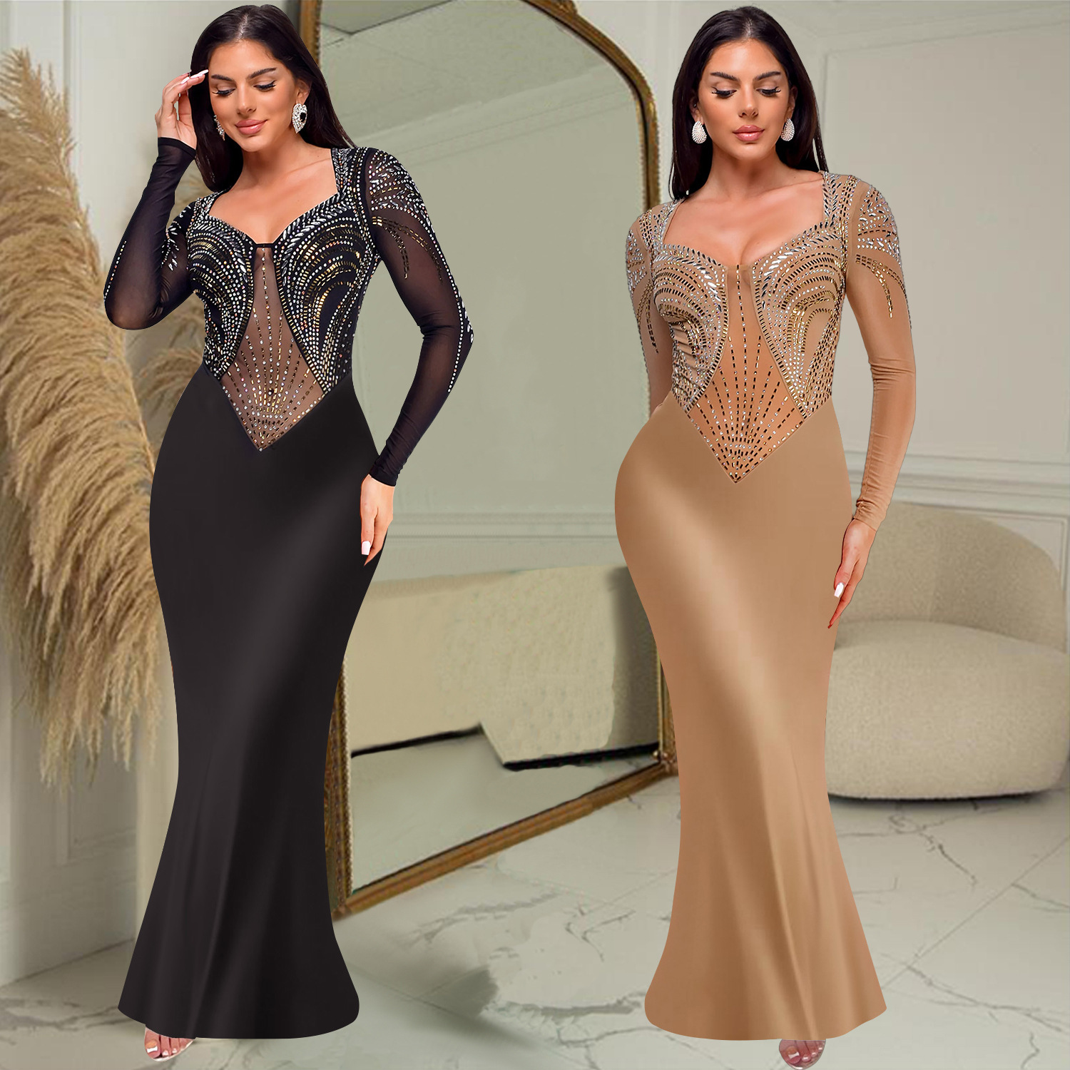 C7042 AliExpress transfronterizo Amazon estación independiente de moda europea y americana ropa de mujer de diamante caliente vestido de manga larga de color sólido nuevo