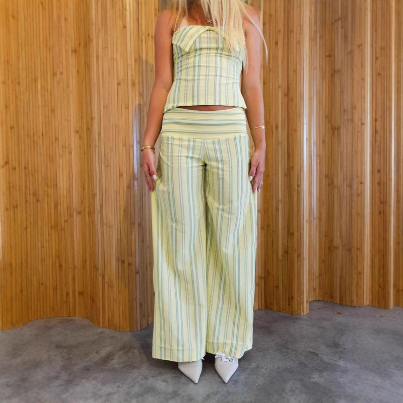 Summer 2025 Europe and America Cross-border Amazon Women's Hanging Neck Strap Top Casual Striped Wide-leg Pants Pants suit