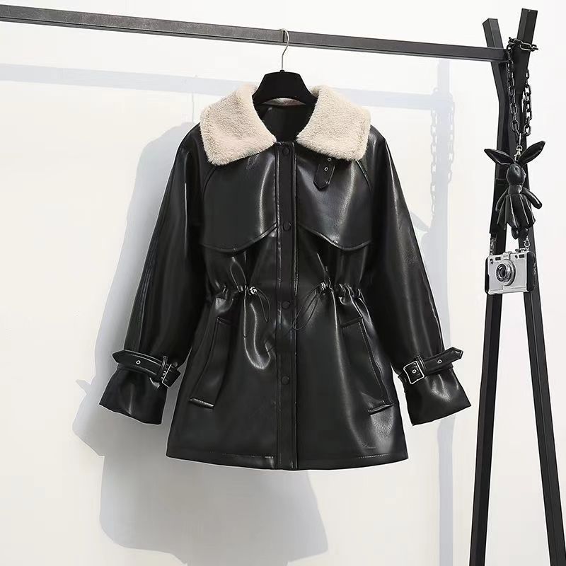 2025 秋冬新作大きいサイズハイストリートレザージャケット女性のファッショナブルなウエストとベルベットの厚みのある PU レザージャケット|undefined