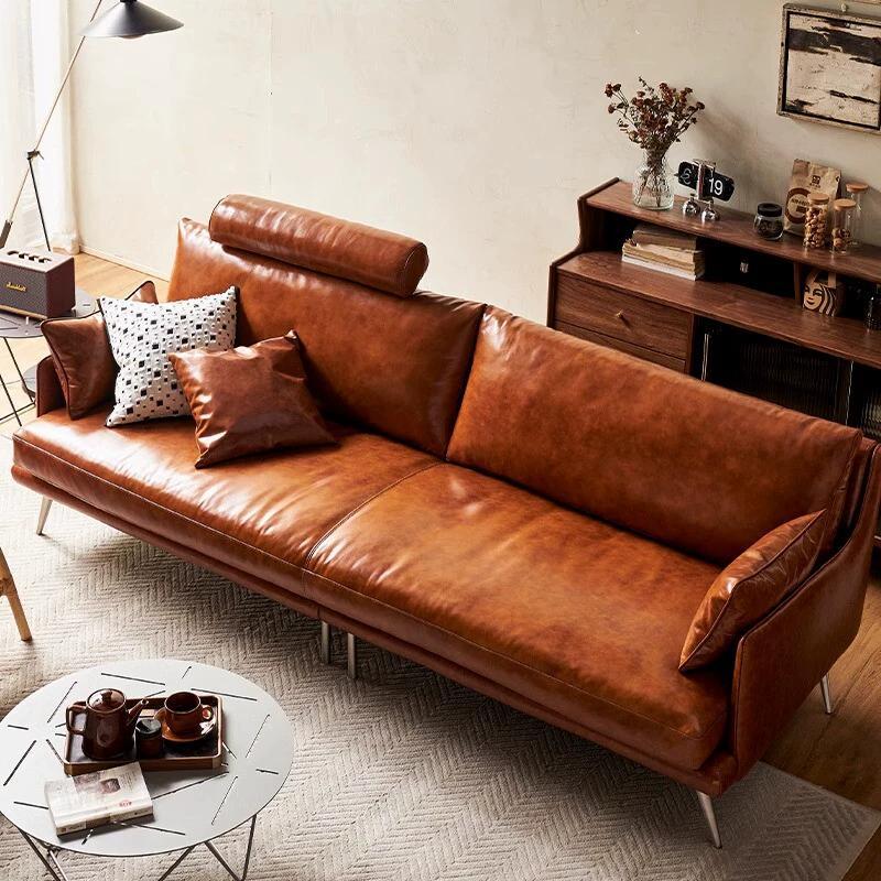 Sofá de cuero de cera de aceite retro, primera capa, piel de vaca, apartamento pequeño, sala de estar para tres personas, estilo americano medio, color caramelo francés