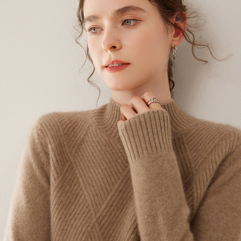 Ordos Double-Layer Thick Large Diamond-Shaped Half-High Collar 100% Pure Cashmere Sweater for Women, Knitted Base Sweater