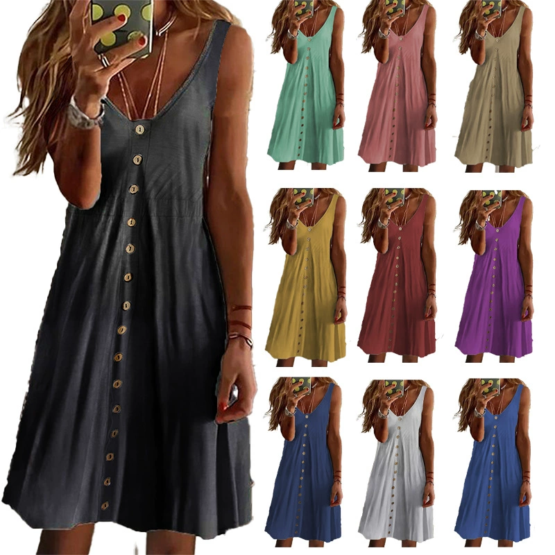 2023 Европейское и американское женское весеннее Новое однотонное платье для внешней торговли, сексуальное короткое платье без рукавов с высокой талией