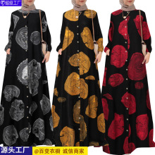 2025大码女装跨境棉麻印花圆领穆斯林衣服休闲复古长袖长袍连衣裙