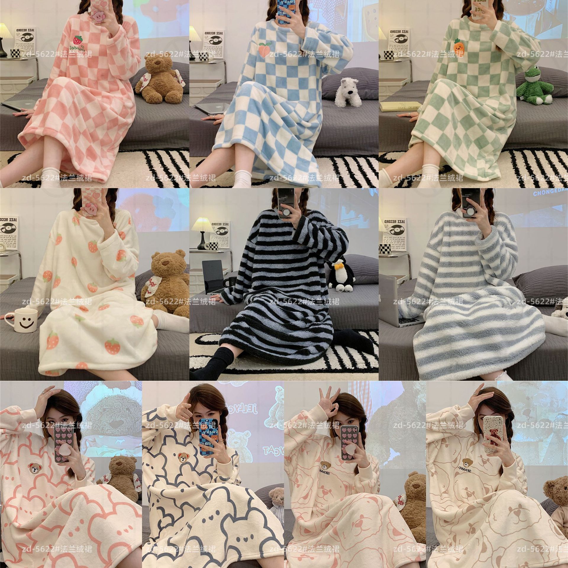 El otoño y el Invierno de las nuevas mujeres camisón espesado caliente MIDI vestido dibujos animados a cuadros franela Home wear en línea transmisión en vivo