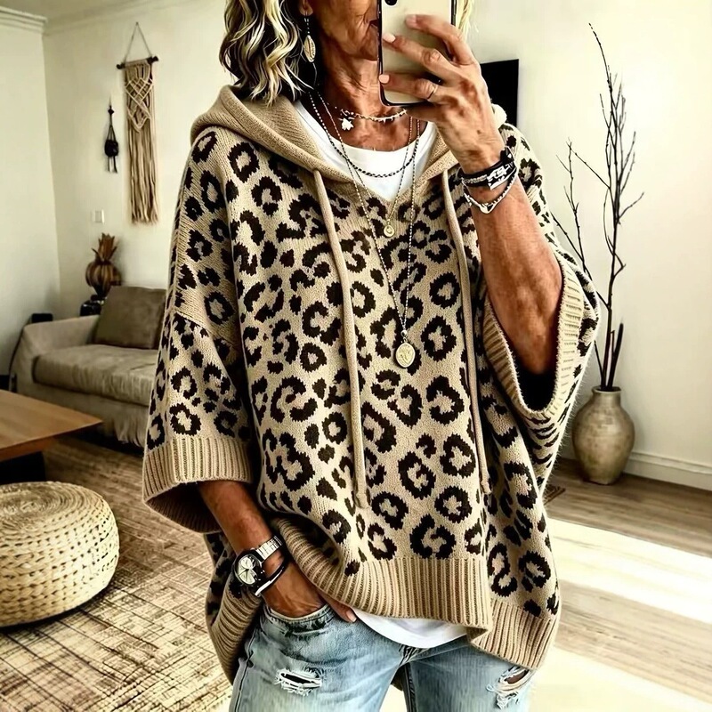 European and American cross-border leopard print hooded drawstring knitted pullover hoodie, loose-fitting knitted outerwear