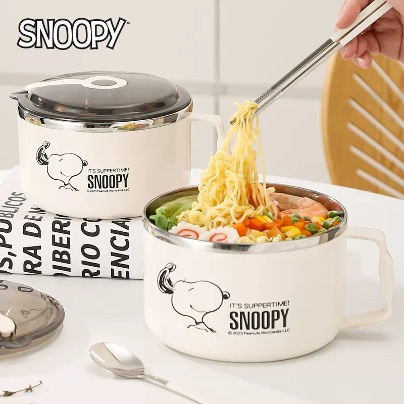 史努比304不锈钢碗带盖泡面碗可沥水学生吃饭碗宿舍打饭碗泡面碗
