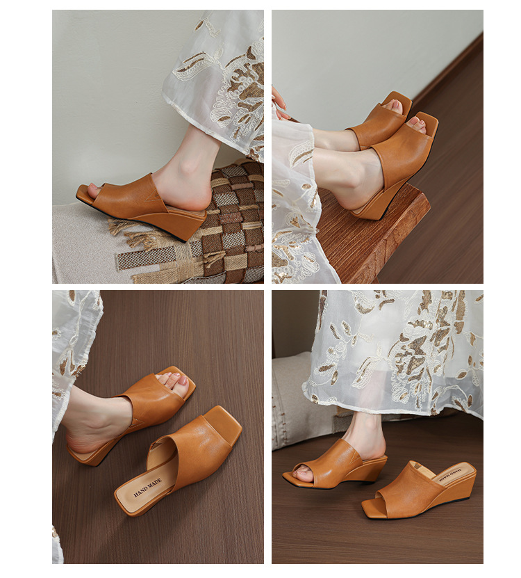 Sandal cao gót nữ hở mũi da bò mũi vuông quai ngang đế xuồng — màu đen, Màu caramel chi tiết 5