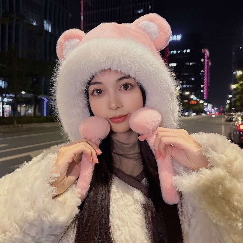 秋冬季帽子女可爱毛绒绒围巾加厚一体围脖毛绒帽骑车保暖护耳帽子|undefined