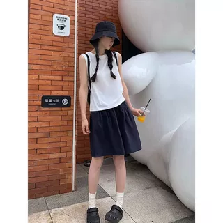 日系学院风藏青色半身裙女 春秋复古基础百搭松紧高腰A字中裙伞裙