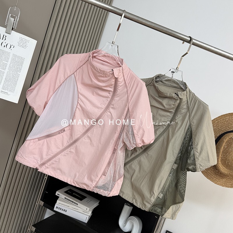 夏の女性の涼しく通気性のあるメッシュステッチコントラストカラーパーソナライズされた斜めジッパー速乾性日焼け止め半袖シャツ 8579|undefined