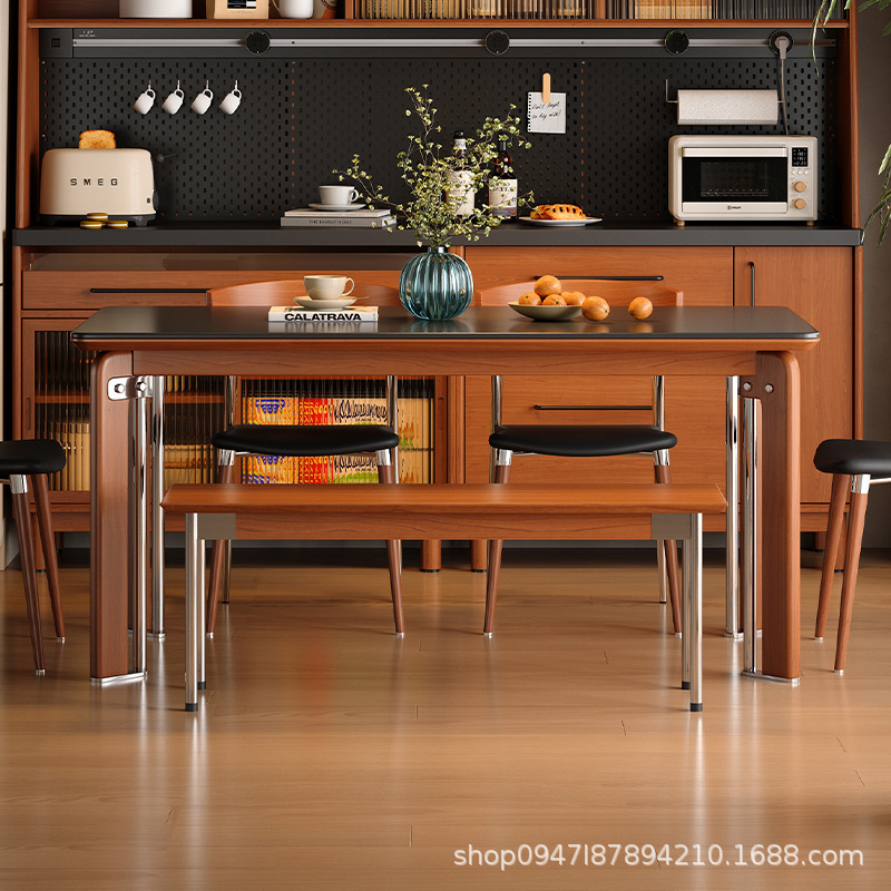 Solid Wood Slate Mid-Century Style Dining Table Rectangular Nordic Bauhaus Small Apartment Restaurant Retro Dining Table and Chair Combination