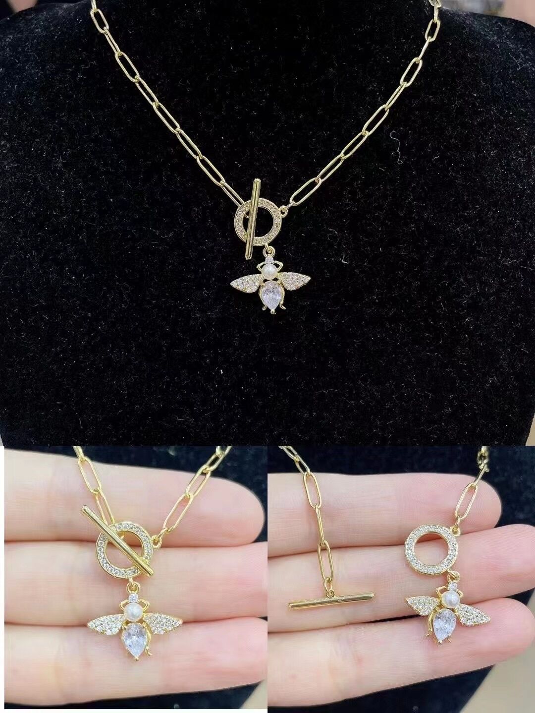 fashion small bee red zircon six petals pendant copper necklace wholesale Nihaojewelry