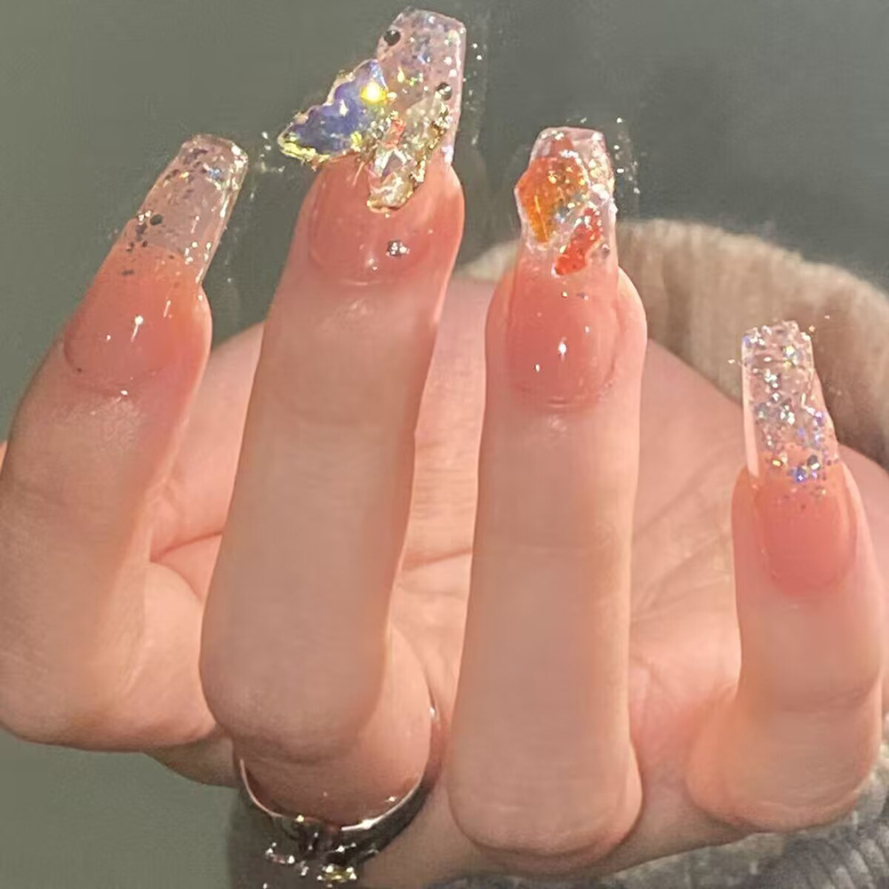 Uñas Postizas de Gel Grueso con Diseño de Hadas, Elegantes Pegatinas de Uñas con Cristales Aurora y Mariposas Brillantes, 24 Piezas