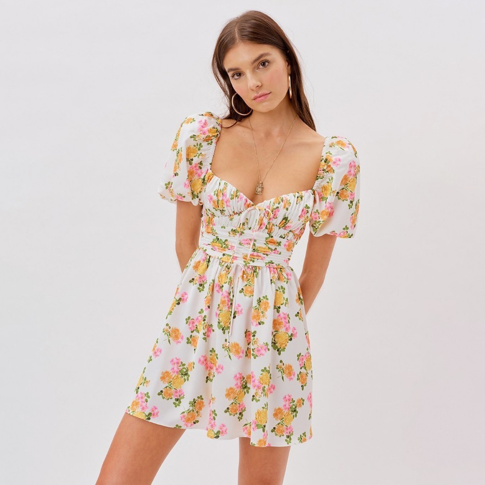 Floral Print Puff Sleeve Backless A-Line Dress NSXDX117350