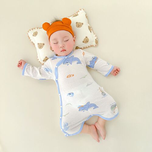 Baby spring and summer thin pajamas for boys and girls, air-conditioned room belly-protecting onesie, baby's pure cotton long-sleeved button-up pajamas