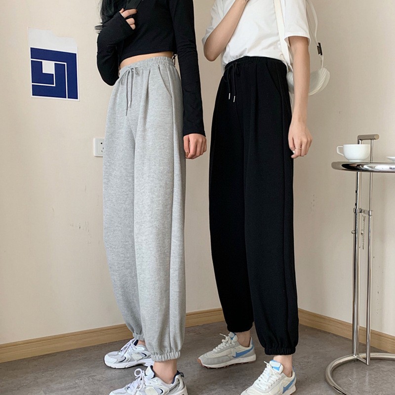 Stile sottile autunnale con elastico in vita in cotone sportivo ampio allacciato alla caviglia da donna Harlan, pantaloni casual a vita alta_voghion.com