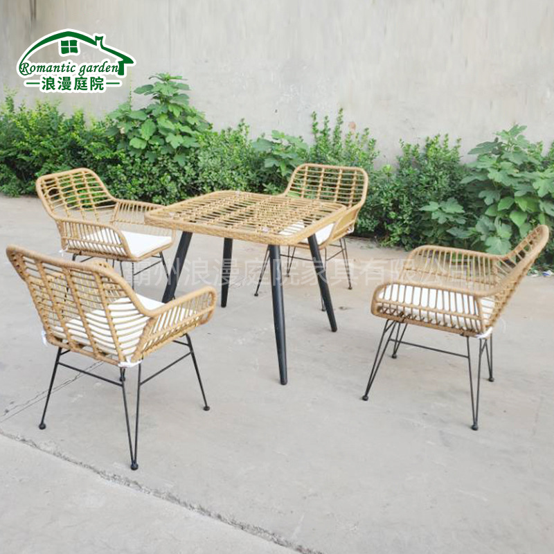 Outdoor Patio Handmade Rattan Chair with Backrest, Open-Air Patio Cafe, Milk Tea Shop, Bar Rattan Chair, Island Table and Chairs